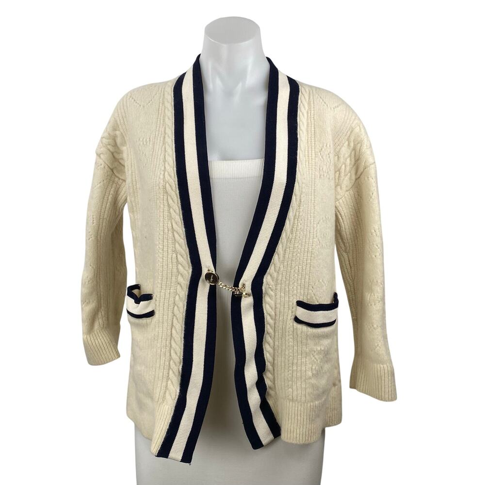Sandro Womens Cream Black Cable Knit Wool Gold Chain Cardigan Sweater Top Size 0